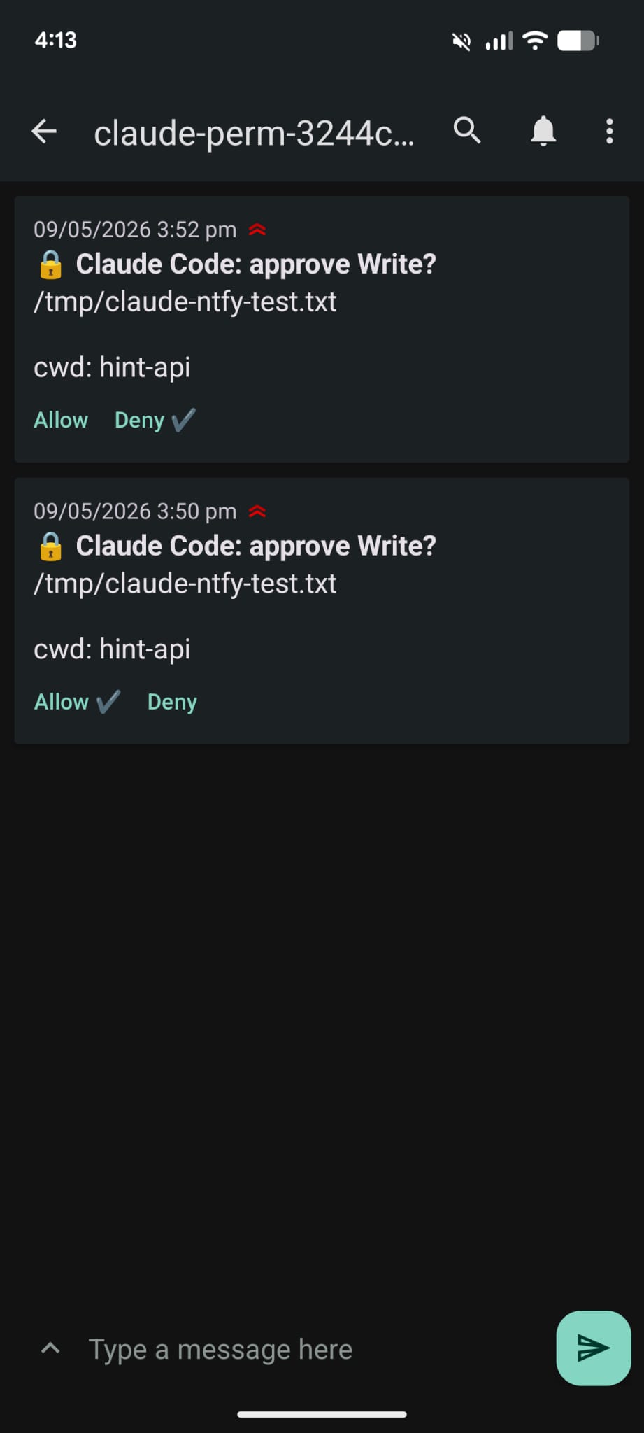 ntfy notification on Android with Allow and Deny action buttons